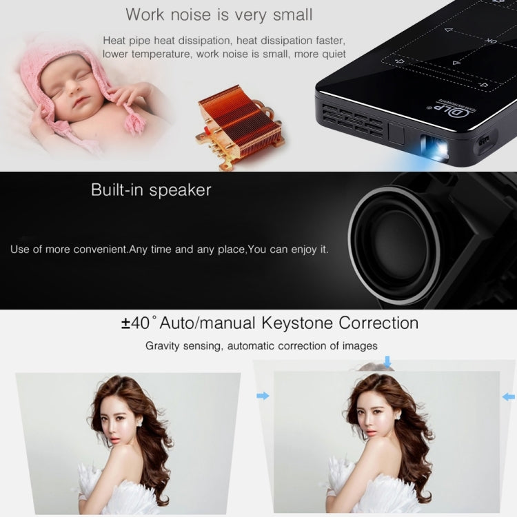 P09 แบบพกพา 4K Ultra HD DLP มินิโปรเจคเตอร์อัจฉริยะพร้อมรีโมทคอนโทรลอินฟราเรด, Amlogic S905X 4-Core A53 สูงสุด 1.5GHz Android 6.0, 1GB + 8GB, รองรับ WiFi 2.4G / 5G, บลูทู ธ, การ์ด TF