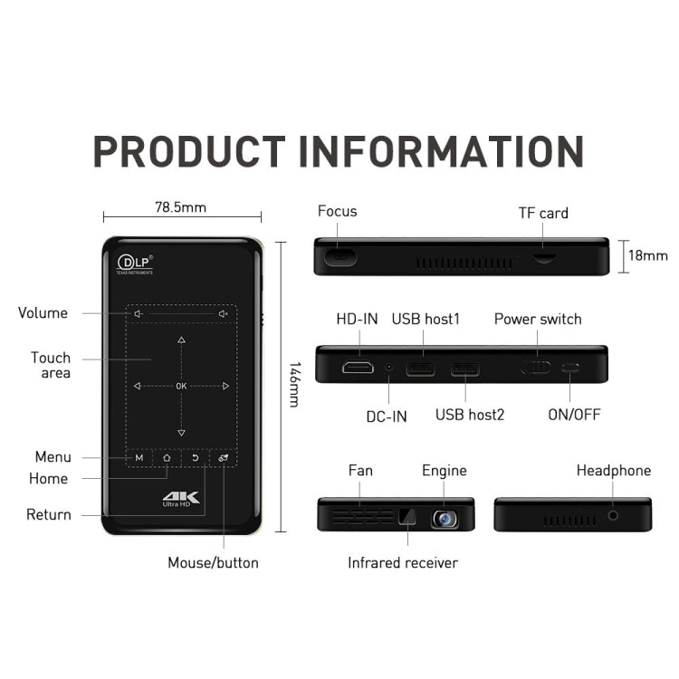 P09 แบบพกพา 4K Ultra HD DLP มินิโปรเจคเตอร์อัจฉริยะพร้อมรีโมทคอนโทรลอินฟราเรด, Amlogic S905X 4-Core A53 สูงสุด 1.5GHz Android 6.0, 1GB + 8GB, รองรับ WiFi 2.4G / 5G, บลูทู ธ, การ์ด TF