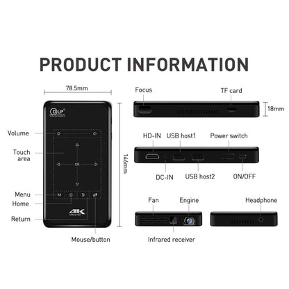 P09 แบบพกพา 4K Ultra HD DLP มินิโปรเจคเตอร์อัจฉริยะพร้อมรีโมทคอนโทรลอินฟราเรด, Amlogic S905X 4-Core A53 สูงสุด 1.5GHz Android 6.0, 1GB + 8GB, รองรับ WiFi 2.4G / 5G, บลูทู ธ, การ์ด TF