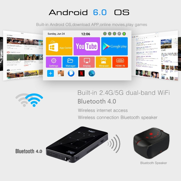 P09 แบบพกพา 4K Ultra HD DLP มินิโปรเจคเตอร์อัจฉริยะพร้อมรีโมทคอนโทรลอินฟราเรด, Amlogic S905X 4-Core A53 สูงสุด 1.5GHz Android 6.0, 1GB + 8GB, รองรับ WiFi 2.4G / 5G, บลูทู ธ, การ์ด TF