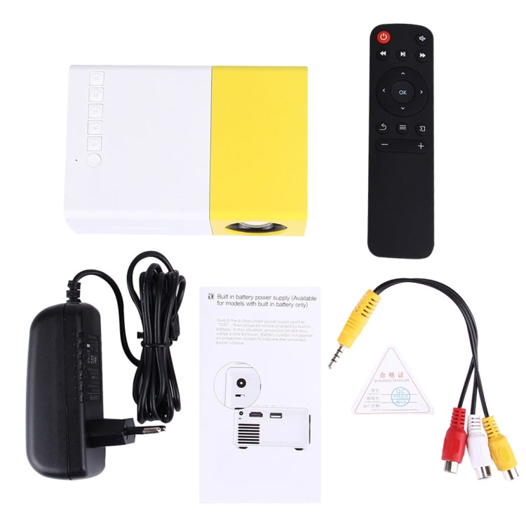YG-300 0.8-2M 24-60 นิ้ว 400-600 Lumens LED Projector โฮมเธียเตอร์ HD พร้อมสายเคเบิลแปลงวิดีโอ 3 ใน 1 และรีโมทคอนโทรลขนาด: 12.6 x 8.6 x 4.6 ซม. ปลั๊ก EU