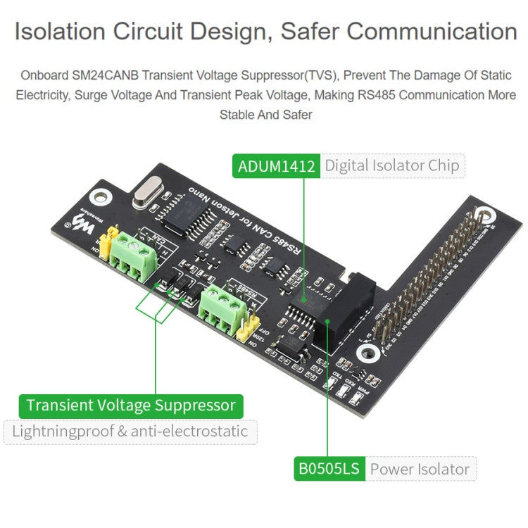 บอร์ดขยาย Waveshare RS485 CAN สำหรับ Jetson Nano, การแยกสัญญาณแบบดิจิทัล, วงจรป้องกันในตัว