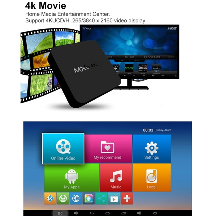 MXQ 4K Full HD Media Player RK3229 Quad Core KODI Android 9.0 กล่องทีวีพร้อมรีโมทคอนโทรล, RAM: 1GB, ROM: 8GB, รองรับ HDMI, WiFi, Miracast, DLNA