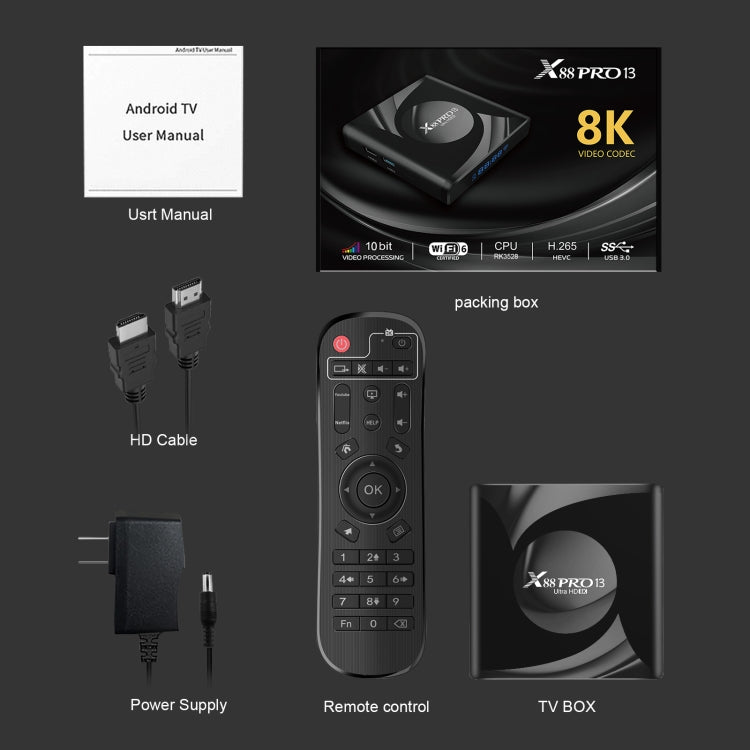 X88 Pro 13 Android 13.0 กล่องสมาร์ททีวีพร้อมรีโมท, RK3528 Quad-Core, 4G+64GB, 4G+64GB