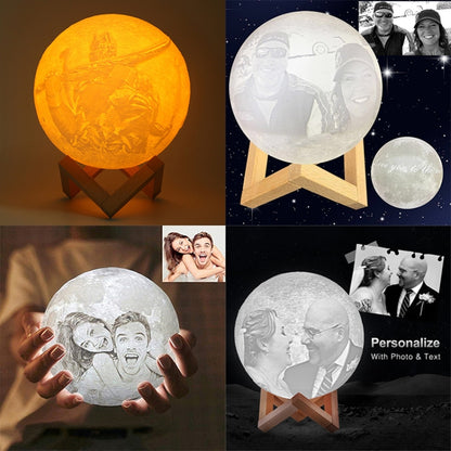 สวิตช์สัมผัสแบบกำหนดเอง 3 สีพิมพ์ 3D โคมไฟดวงจันทร์ USB ชาร์จประหยัดพลังงาน LED ไฟกลางคืนพร้อมฐานยึดไม้, 10cm, 15cm