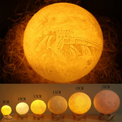 โคมไฟพระจันทร์พิมพ์ 3 มิติ 3 สีแบบกำหนดเองแบบ Patted ชาร์จ USB ไฟกลางคืน LED ประหยัดพลังงานพร้อมฐานยึดไม้, 8cm, 10cm, 13cm, 15cm, 18cm, 20cm