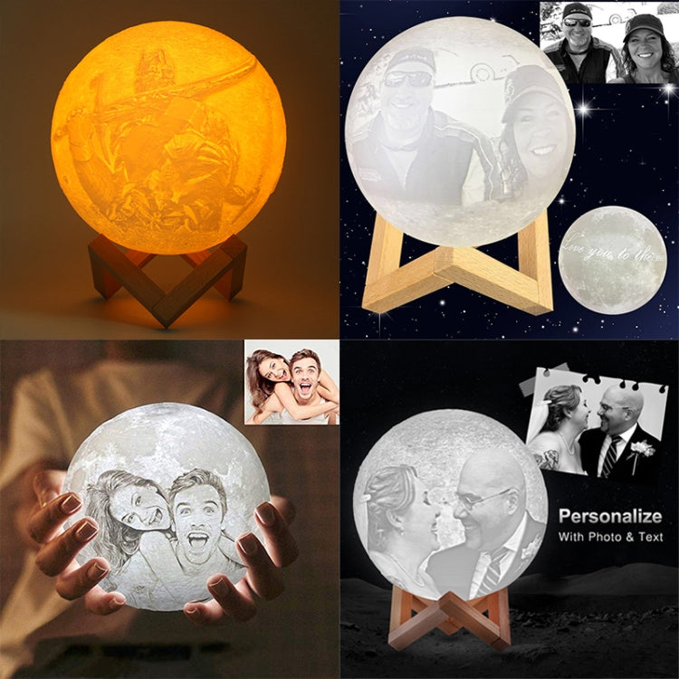 โคมไฟพระจันทร์พิมพ์ 3 มิติ 3 สีแบบกำหนดเองแบบ Patted ชาร์จ USB ไฟกลางคืน LED ประหยัดพลังงานพร้อมฐานยึดไม้, 8cm, 10cm, 13cm, 15cm, 18cm, 20cm