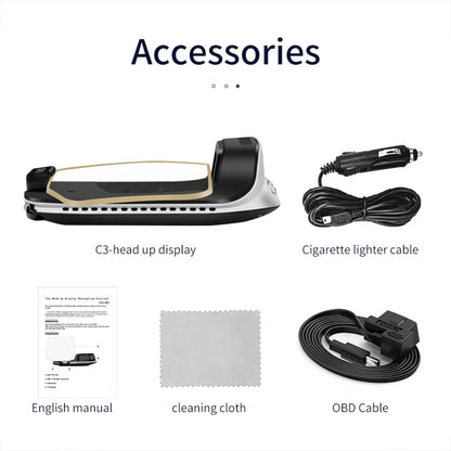 C3 OBD2 + โหมด GPS จอแสดงผลบนกระจกหน้ารถยนต์ HUD Overspeed / ความเร็ว / อุณหภูมิของน้ำสูงเกินไป / แรงดันไฟฟ้าต่ำเกินไป / สัญญาณเตือนความล้มเหลวของเครื่องยนต์ / การแจ้งเตือนการขับขี่เมื่อยล้า / ฟังก์ชั่นการนำทาง, C3