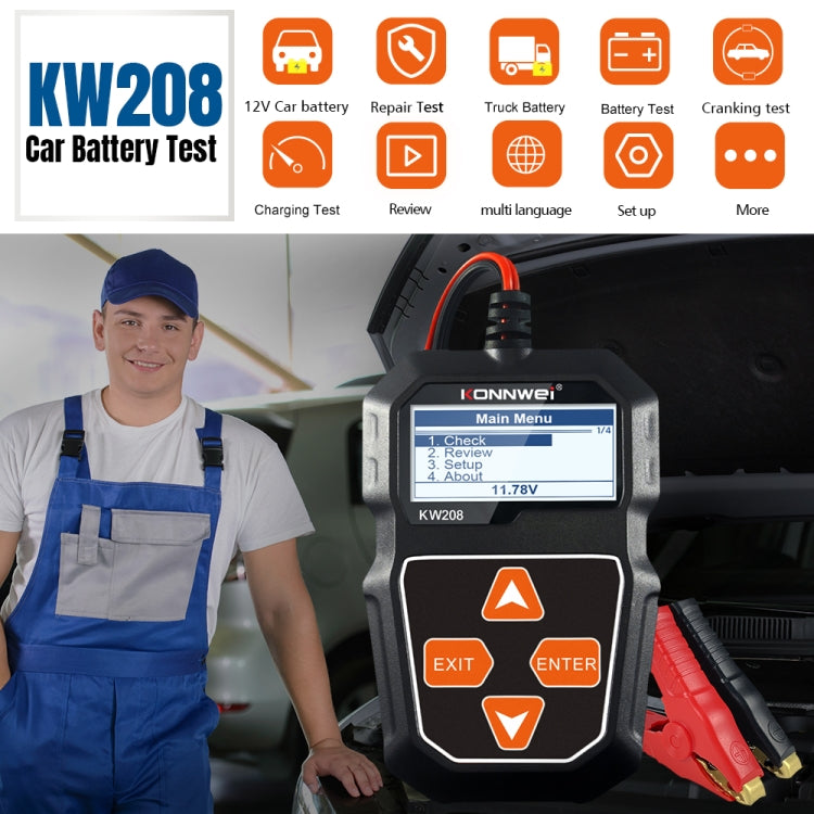 KONNWEI KW208 รถหน้าจอสี TFT เครื่องทดสอบแบตเตอรี่รองรับ 8 ภาษา, KW208