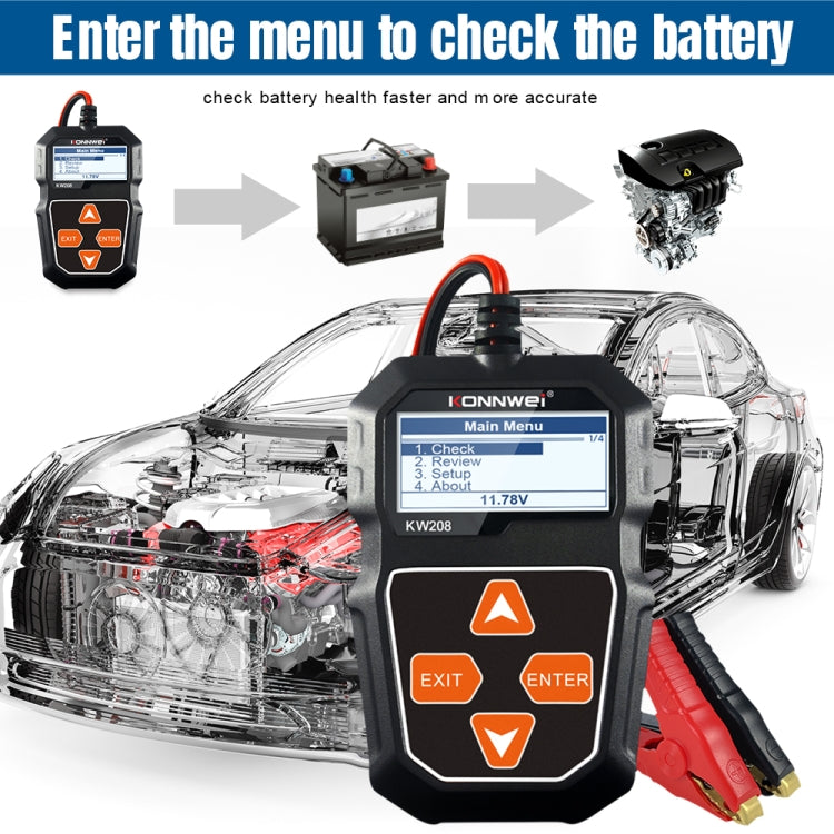 KONNWEI KW208 รถหน้าจอสี TFT เครื่องทดสอบแบตเตอรี่รองรับ 8 ภาษา, KW208