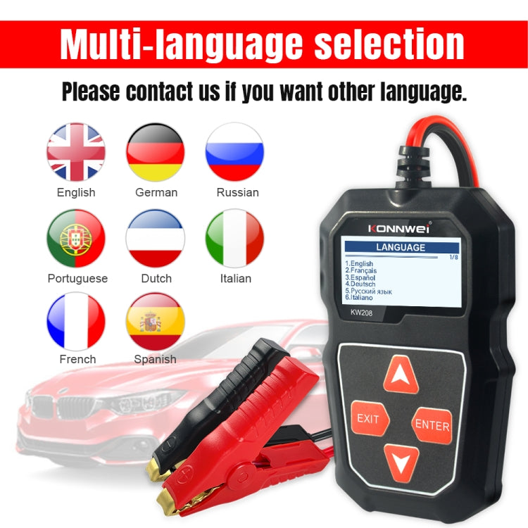 KONNWEI KW208 รถหน้าจอสี TFT เครื่องทดสอบแบตเตอรี่รองรับ 8 ภาษา, KW208
