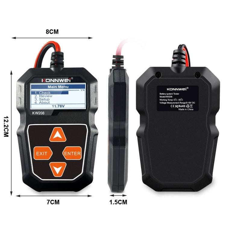KONNWEI KW208 รถหน้าจอสี TFT เครื่องทดสอบแบตเตอรี่รองรับ 8 ภาษา, KW208