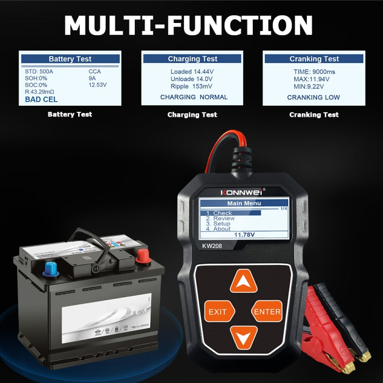 KONNWEI KW208 รถหน้าจอสี TFT เครื่องทดสอบแบตเตอรี่รองรับ 8 ภาษา, KW208