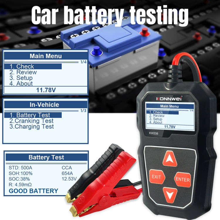 KONNWEI KW208 รถหน้าจอสี TFT เครื่องทดสอบแบตเตอรี่รองรับ 8 ภาษา, KW208