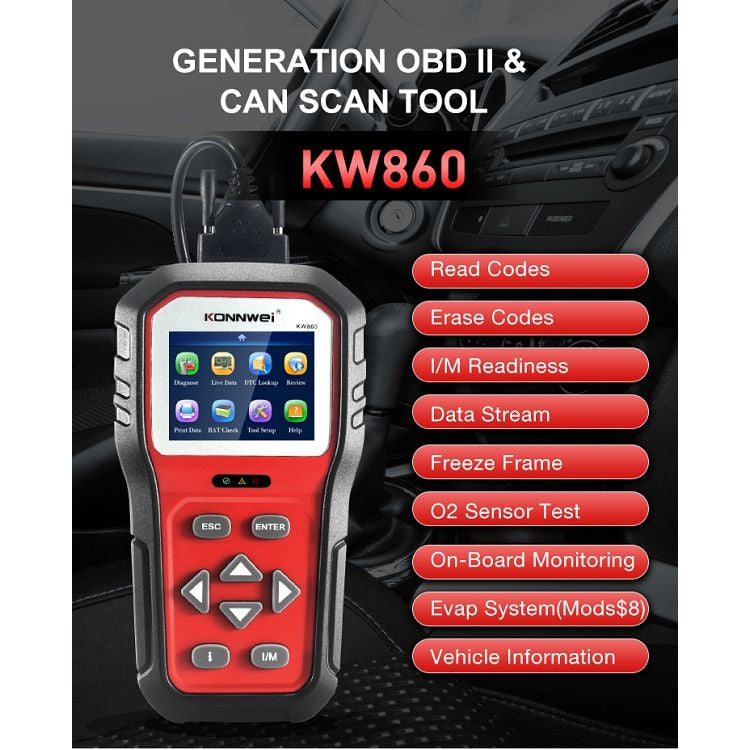 KONNWEI KW860 รถ 2.8 นิ้วหน้าจอสี TFT เครื่องทดสอบแบตเตอรี่รองรับ 8 ภาษา / ฟังก์ชั่นการวิเคราะห์คีย์ I, KW860
