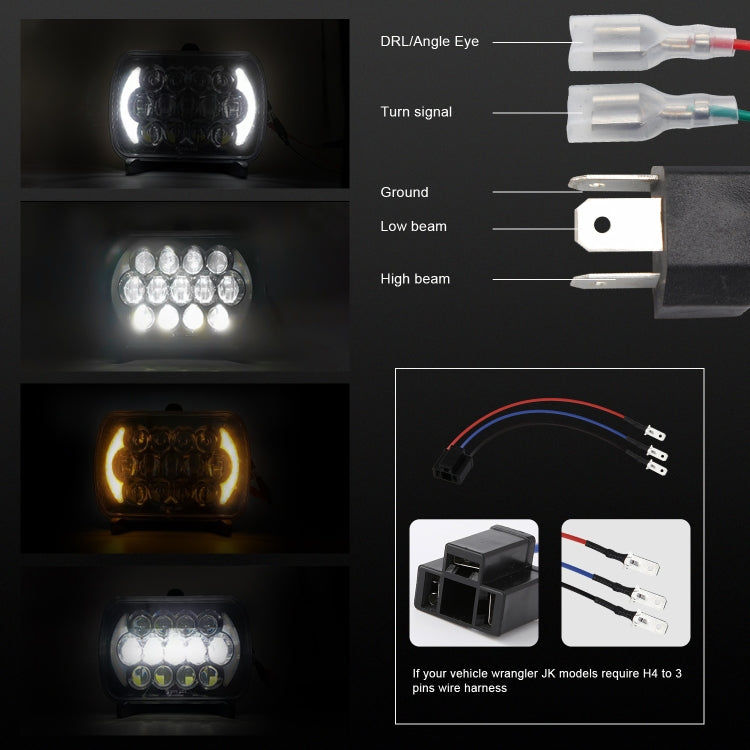7 นิ้ว (5X7)/(7X6) H4 DC 9V-30V 30000LM 300W 8LEDs รถรูปทรงสี่เหลี่ยม LED ไฟหน้าสำหรับ Jeep Wrangler, 8LEDs