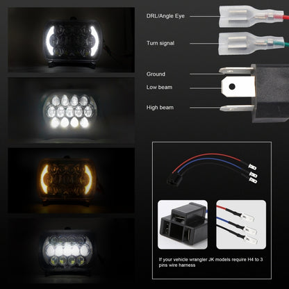 7 นิ้ว (5X7)/(7X6) H4 DC 9V-30V 30000LM 300W 8LEDs รถรูปทรงสี่เหลี่ยม LED ไฟหน้าสำหรับ Jeep Wrangler, 8LEDs