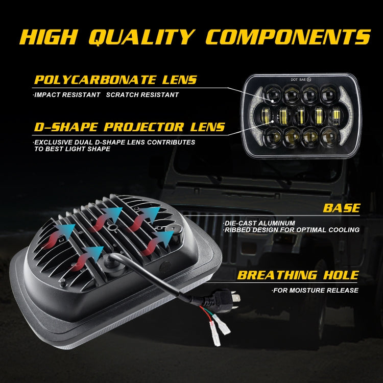 7 นิ้ว (5X7)/(7X6) H4 DC 9V-30V 30000LM 300W 8LEDs รถรูปทรงสี่เหลี่ยม LED ไฟหน้าสำหรับ Jeep Wrangler, 8LEDs