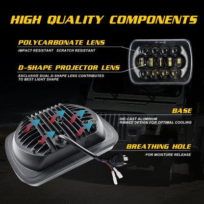 7 นิ้ว (5X7)/(7X6) H4 DC 9V-30V 30000LM 300W 8LEDs รถรูปทรงสี่เหลี่ยม LED ไฟหน้าสำหรับ Jeep Wrangler, 8LEDs