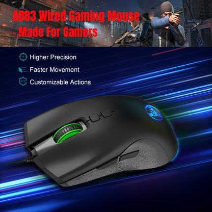 HXSJ A883 7 ปุ่ม 6400DPI RGB Light Mechanical Gaming เมาส์แบบมีสาย