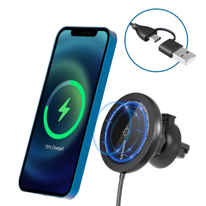 Mriowiz M-2002W 15W 360 องศาหมุน MagSafe Magnetic Car เครื่องชาร์จไร้สายสำหรับ iPhone 12 Series พร้อมสายข้อมูล USB + USB-C / Type-C ความยาวสายเคเบิล: 1 ม., M-2002W