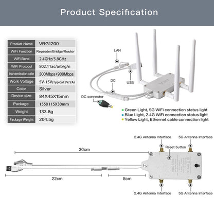 VONETS VBG1200 300Mbps+900Mbps Dual Band Wireless Router Repeater สถานีฐาน WIFI พร้อม 4 เสาอากาศ
