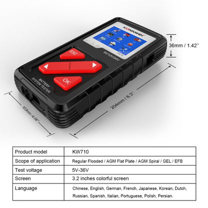 KONNWEI KW710 รถ 3.2 นิ้ว 6V-24V เครื่องทดสอบแบตเตอรี่กรดตะกั่วรองรับ 13 ภาษา, KW710