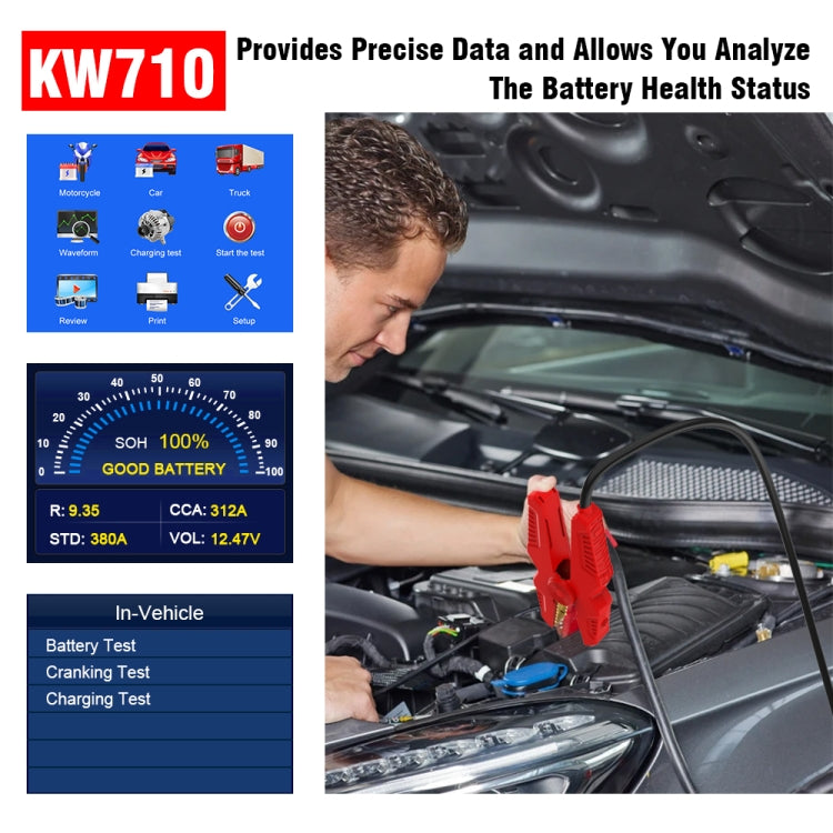 KONNWEI KW710 รถ 3.2 นิ้ว 6V-24V เครื่องทดสอบแบตเตอรี่กรดตะกั่วรองรับ 13 ภาษา, KW710