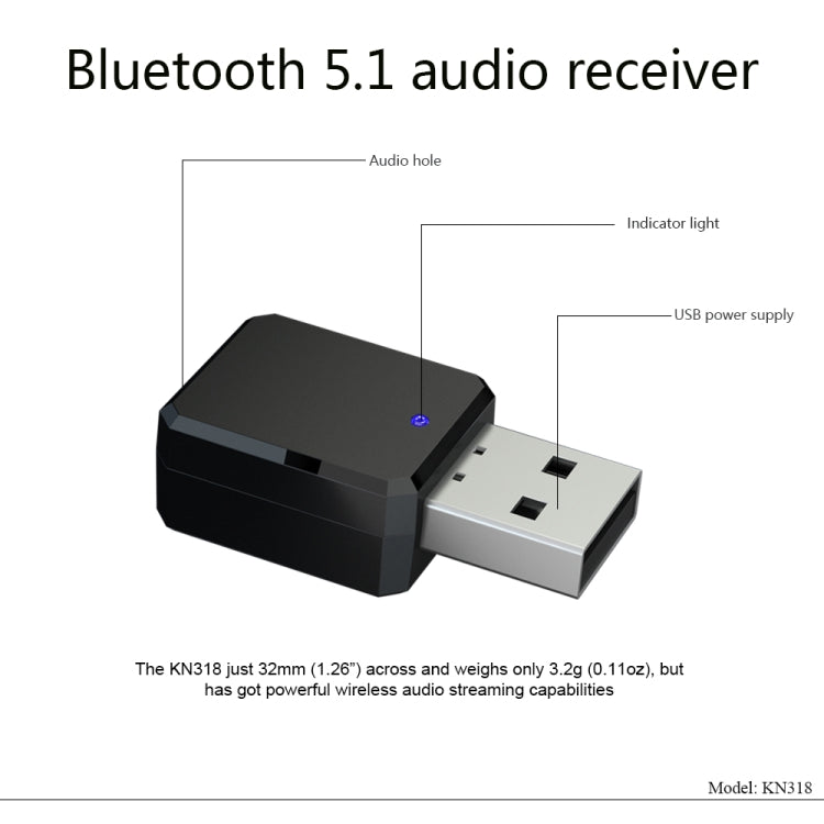 KN318 USB Bluetooth 5.1 อะแดปเตอร์เครื่องรับสัญญาณเสียง, KN318