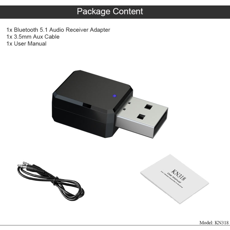 KN318 USB Bluetooth 5.1 อะแดปเตอร์เครื่องรับสัญญาณเสียง, KN318