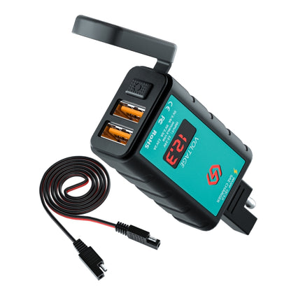 WUPP ZH-1422A2 DC12-24V รถจักรยานยนต์ Square Dual USB เครื่องชาร์จชาร์จเร็วพร้อมสวิตช์ + โวลต์มิเตอร์ + ซ็อกเก็ต SAE ในตัว + 1 เมตรสายเคเบิลซ็อกเก็ต SAE, ZH-1422A2