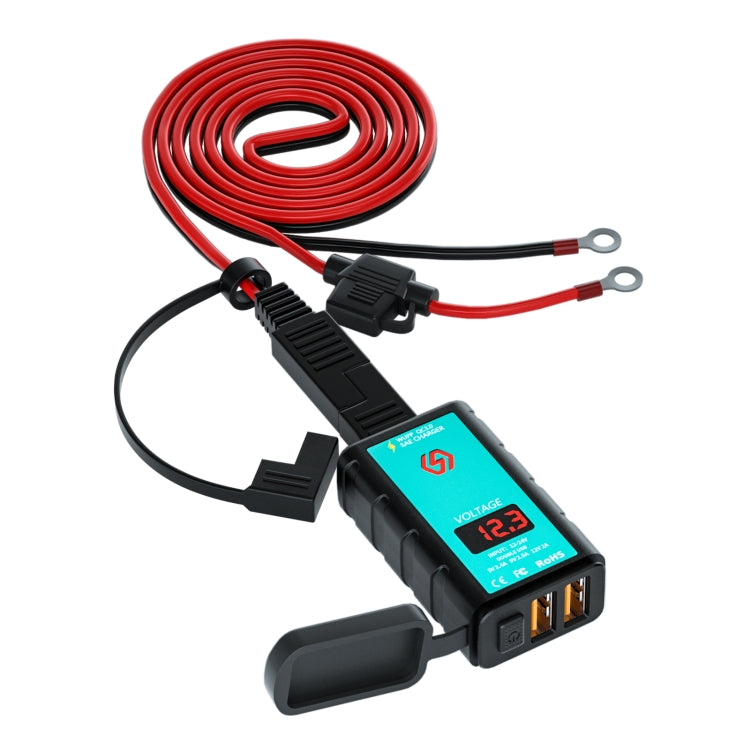 WUPP ZH-1422A3 DC12-24V รถจักรยานยนต์ Square Dual USB Fast Charger Charger พร้อมสวิตช์ + โวลต์มิเตอร์ + ซ็อกเก็ต SAE ในตัว + 1.4m OT Terminal Cable, ZH-1422A3
