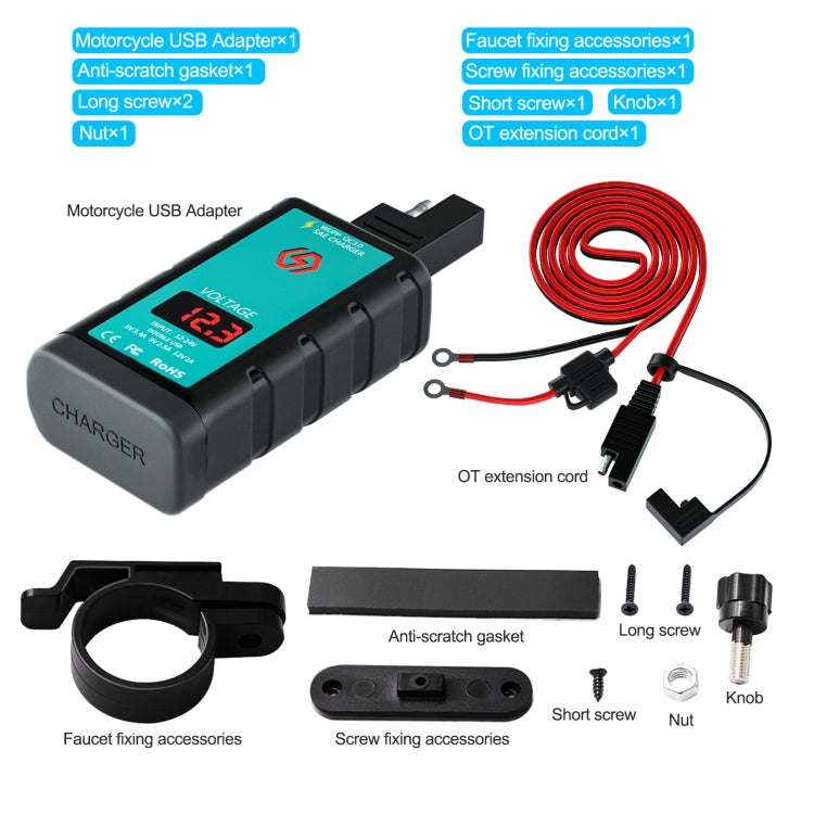 WUPP ZH-1422A3 DC12-24V รถจักรยานยนต์ Square Dual USB Fast Charger Charger พร้อมสวิตช์ + โวลต์มิเตอร์ + ซ็อกเก็ต SAE ในตัว + 1.4m OT Terminal Cable, ZH-1422A3