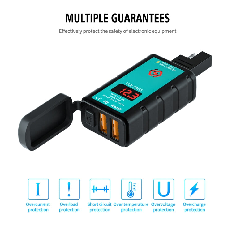WUPP ZH-1422A3 DC12-24V รถจักรยานยนต์ Square Dual USB Fast Charger Charger พร้อมสวิตช์ + โวลต์มิเตอร์ + ซ็อกเก็ต SAE ในตัว + 1.4m OT Terminal Cable, ZH-1422A3