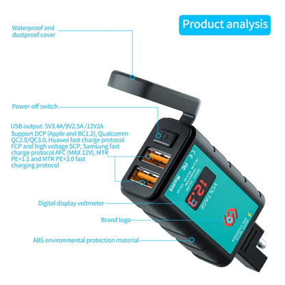 WUPP ZH-1422A3 DC12-24V รถจักรยานยนต์ Square Dual USB Fast Charger Charger พร้อมสวิตช์ + โวลต์มิเตอร์ + ซ็อกเก็ต SAE ในตัว + 1.4m OT Terminal Cable, ZH-1422A3