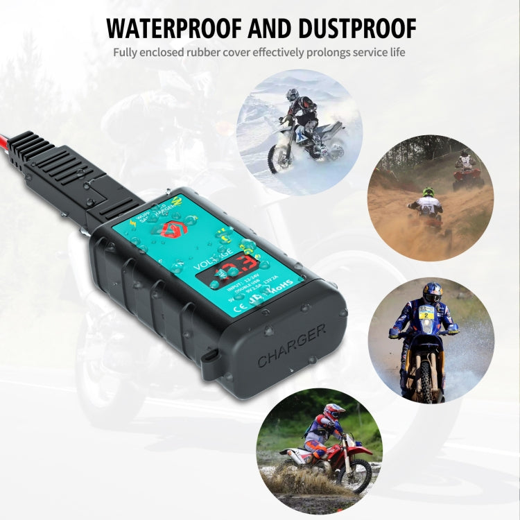 WUPP ZH-1422A3 DC12-24V รถจักรยานยนต์ Square Dual USB Fast Charger Charger พร้อมสวิตช์ + โวลต์มิเตอร์ + ซ็อกเก็ต SAE ในตัว + 1.4m OT Terminal Cable, ZH-1422A3