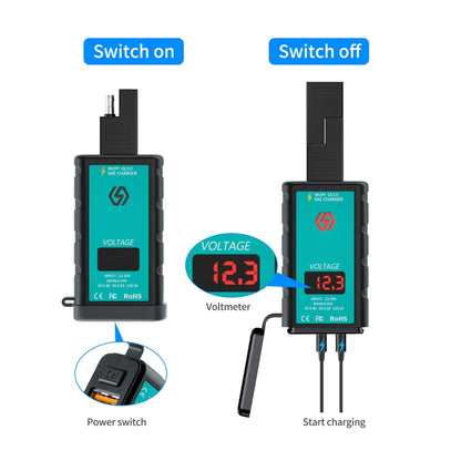 WUPP ZH-1422A3 DC12-24V รถจักรยานยนต์ Square Dual USB Fast Charger Charger พร้อมสวิตช์ + โวลต์มิเตอร์ + ซ็อกเก็ต SAE ในตัว + 1.4m OT Terminal Cable, ZH-1422A3