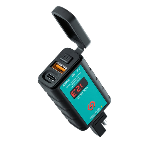 WUPP ZH-1422B1 DC12-24V รถจักรยานยนต์ Square USB เดี่ยว + PD ชาร์จอย่างรวดเร็วเครื่องชาร์จพร้อมสวิตช์ + โวลต์มิเตอร์ + ซ็อกเก็ต SAE ในตัว, ZH-1422B1
