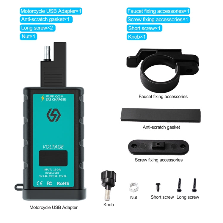WUPP ZH-1422B1 DC12-24V รถจักรยานยนต์ Square USB เดี่ยว + PD ชาร์จอย่างรวดเร็วเครื่องชาร์จพร้อมสวิตช์ + โวลต์มิเตอร์ + ซ็อกเก็ต SAE ในตัว, ZH-1422B1