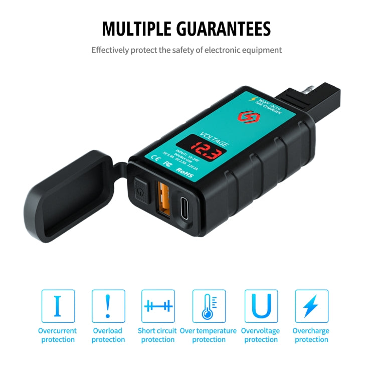 WUPP ZH-1422B1 DC12-24V รถจักรยานยนต์ Square USB เดี่ยว + PD ชาร์จอย่างรวดเร็วเครื่องชาร์จพร้อมสวิตช์ + โวลต์มิเตอร์ + ซ็อกเก็ต SAE ในตัว, ZH-1422B1