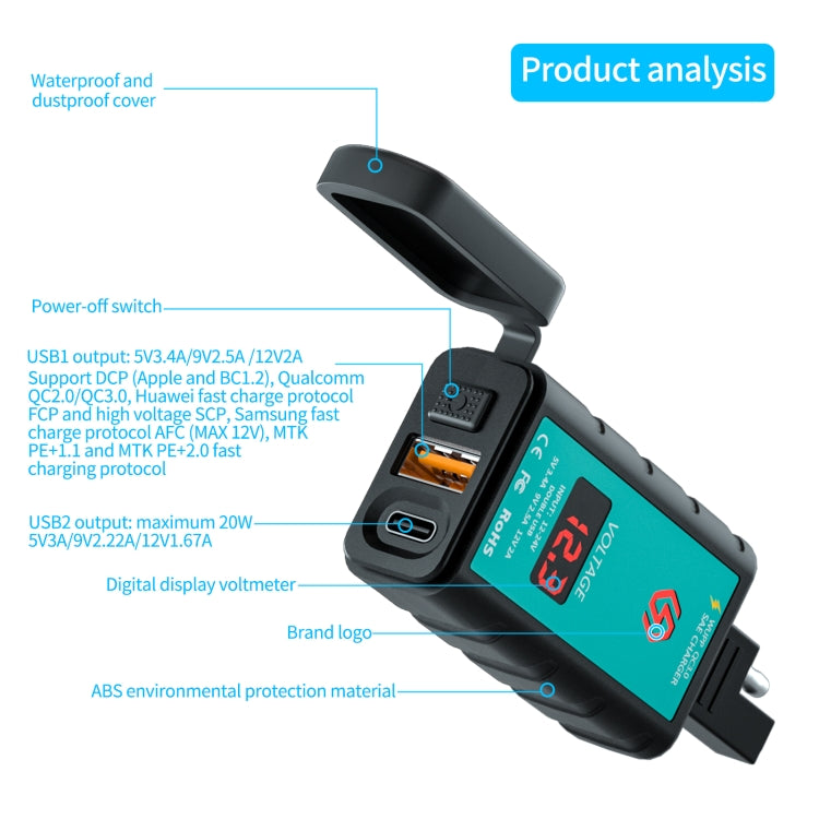 WUPP ZH-1422B1 DC12-24V รถจักรยานยนต์ Square USB เดี่ยว + PD ชาร์จอย่างรวดเร็วเครื่องชาร์จพร้อมสวิตช์ + โวลต์มิเตอร์ + ซ็อกเก็ต SAE ในตัว, ZH-1422B1