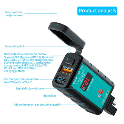 WUPP ZH-1422B1 DC12-24V รถจักรยานยนต์ Square USB เดี่ยว + PD ชาร์จอย่างรวดเร็วเครื่องชาร์จพร้อมสวิตช์ + โวลต์มิเตอร์ + ซ็อกเก็ต SAE ในตัว, ZH-1422B1