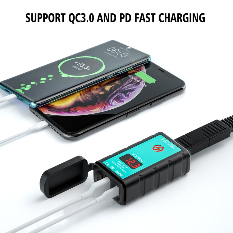 WUPP ZH-1422B1 DC12-24V รถจักรยานยนต์ Square USB เดี่ยว + PD ชาร์จอย่างรวดเร็วเครื่องชาร์จพร้อมสวิตช์ + โวลต์มิเตอร์ + ซ็อกเก็ต SAE ในตัว, ZH-1422B1