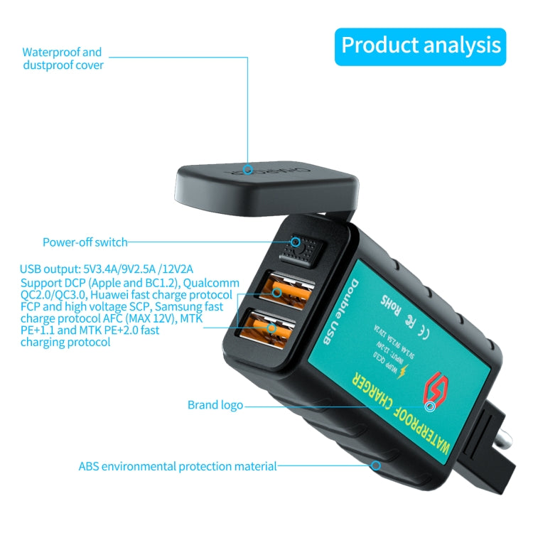 WUPP ZH-1422C2 รถจักรยานยนต์ Square Dual USB Fast Charger Charger พร้อมสวิตช์ + ซ็อกเก็ต SAE ในตัว + 1m SAE Socket Cable, ZH-1422C2