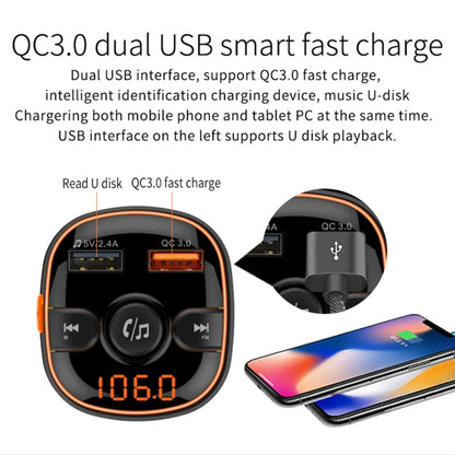 BC52 QC3.0 การชาร์จไฟอย่างรวดเร็วรถบรรยากาศที่มีสีสันแสงบลูทูธเครื่องเล่น MP3 เครื่องส่งสัญญาณ FM, BC52