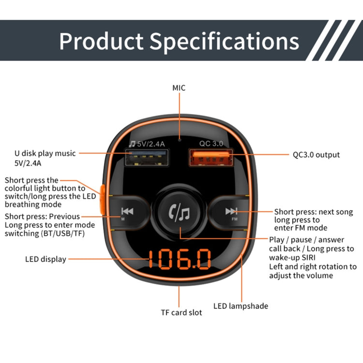 BC52 QC3.0 การชาร์จไฟอย่างรวดเร็วรถบรรยากาศที่มีสีสันแสงบลูทูธเครื่องเล่น MP3 เครื่องส่งสัญญาณ FM, BC52
