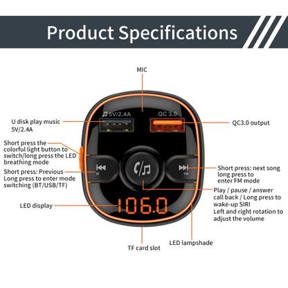 BC52 QC3.0 การชาร์จไฟอย่างรวดเร็วรถบรรยากาศที่มีสีสันแสงบลูทูธเครื่องเล่น MP3 เครื่องส่งสัญญาณ FM, BC52
