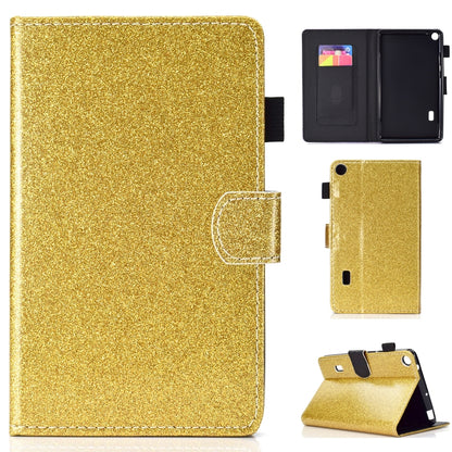 ซองหนังพลิกแนวนอนเคลือบเงาผงแวววาวพร้อมตัวยึดและช่องเสียบการ์ด, For Huawei MediaPad M6 8.4, For Huawei MediaPad M6 10.8, For Huawei MediaPad T3 7.0, For Huawei MediaPad T3 10.0, For Huawei MediaPad T5, For iPad 10.2 / 10.5, For iPad 2 / 3 / 4          ...