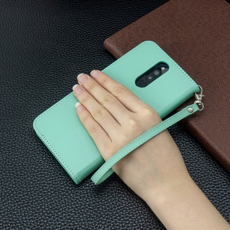 ซองหนัง PU พลิกแนวนอนเนื้อลิ้นจี่สีบริสุทธิ์พร้อมตัวยึดและช่องเสียบการ์ดและกระเป๋าสตางค์และเชือกเส้นเล็ก, For Xiaomi Redmi  8