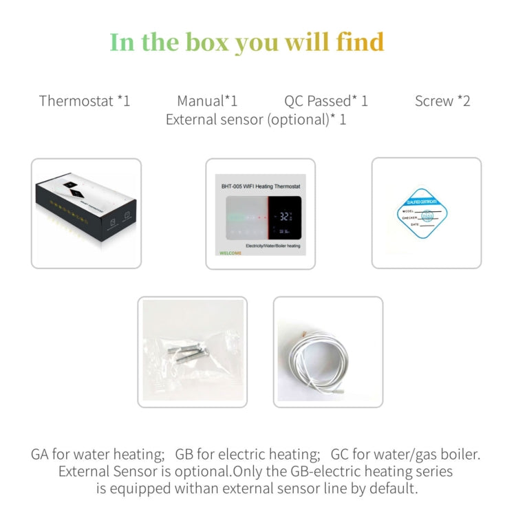BHT-005-GCLW 220V AC 3A สมาร์ทเครื่องทำความร้อนสำหรับ EU กล่อง,ควบคุมหม้อไอน้ำความร้อนเพียงเซ็นเซอร์ภายในและการเชื่อมต่อ WIFI, BHT-005-GCLW